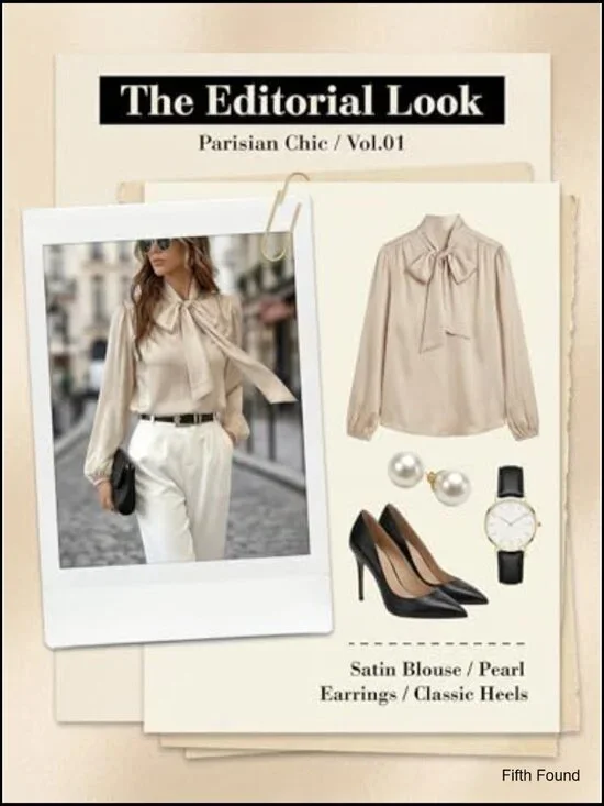 Long Sleeve Satin Blouse with Bow Tie High Neck Dressy Casual Top - Picture 6 of 7